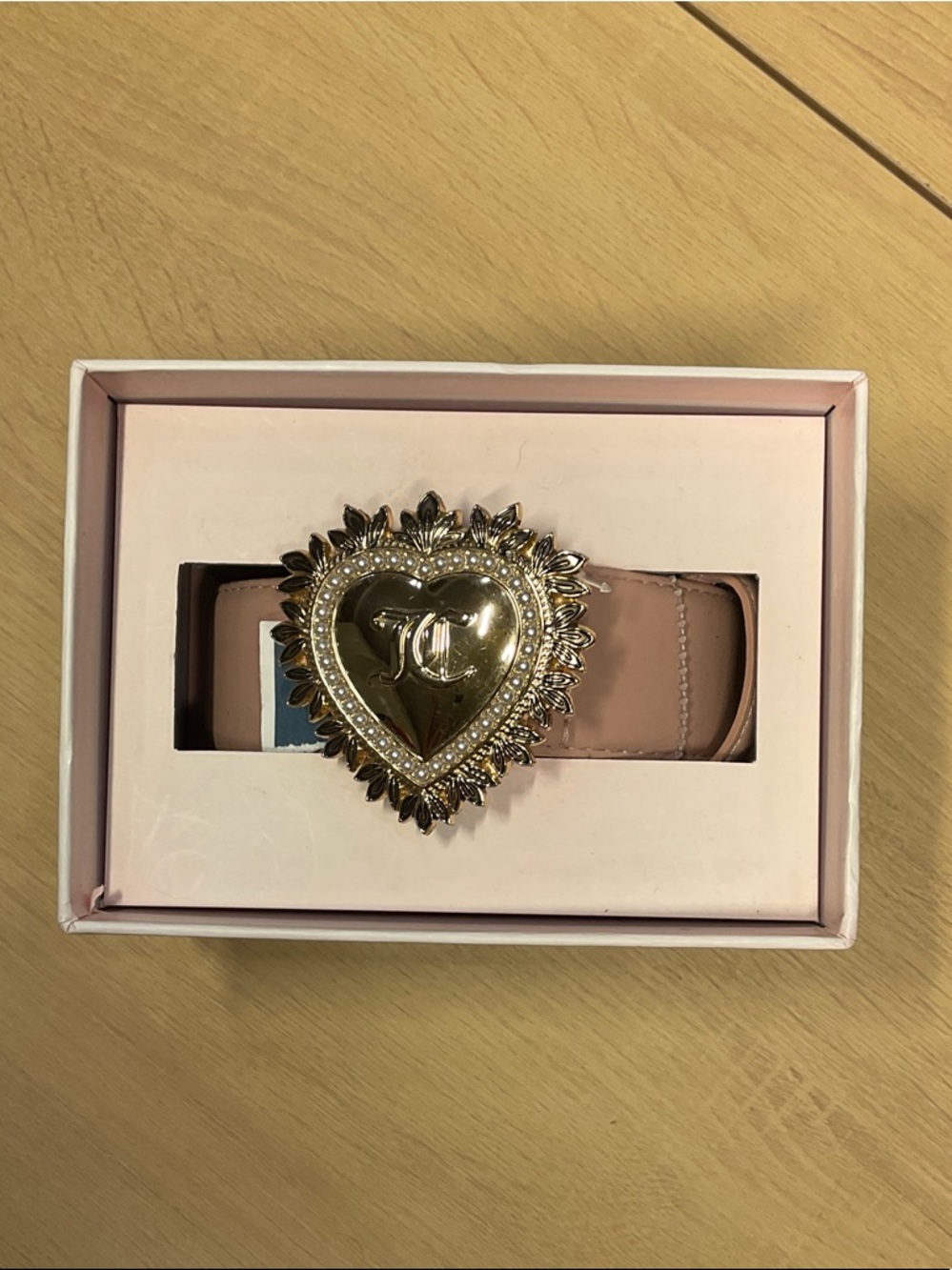 Juicy Couture Pale Pink Heart Medallion Belt with Gold-Tone Buckle